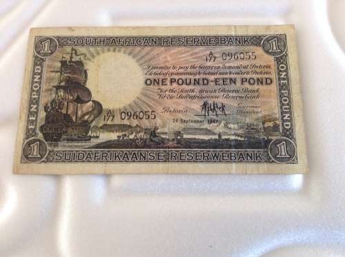 MH. DE KOCK FIRST ISSUE 1947 ONE POUND BANKNOTE. ENG/AFR. VAN RIEBEECK WATERMARK.