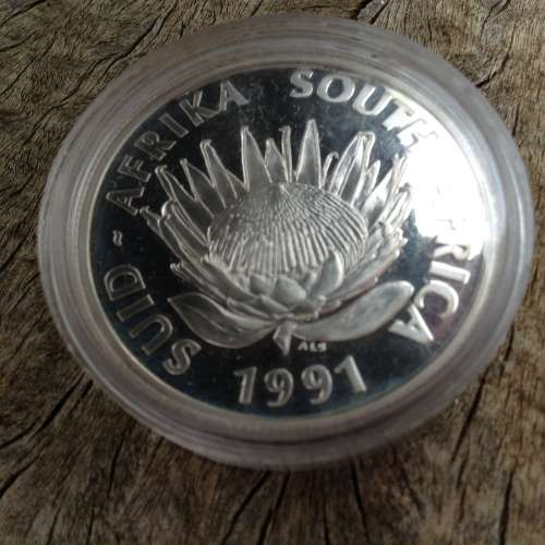 1991 CAPSULED SILVER NURSING PROTEA RAND 1 COIN. STUNNING COIN. LOOKS PROOF BUT NOT SURE.