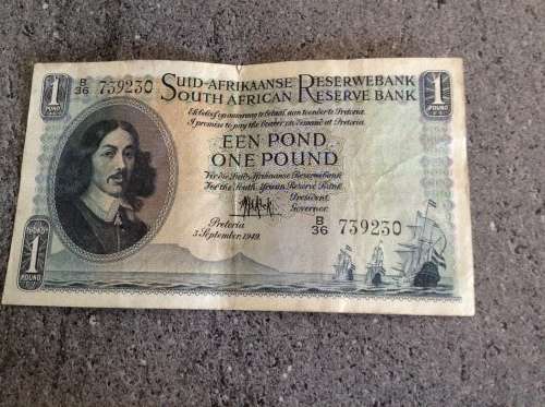 1949 MH De Kock 1 pound Banknote. Second  Issue. Thin paper. Scarce.