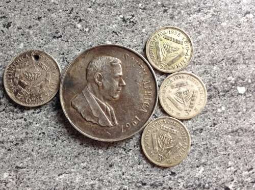 1967 VERWOERD PLUS A 1936 AND 1938 UNION TICKEYS AND A SIXPENCE.