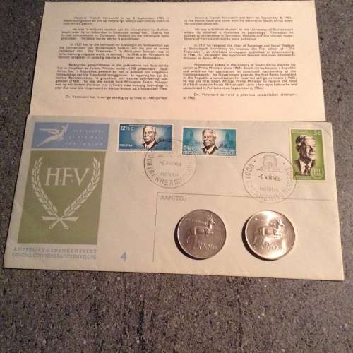 1967 SILVER H.F. VERWOERD ENG.AND AFR. 1RAND COINS IN COMMEMERATIVE VERWOERD FDC.