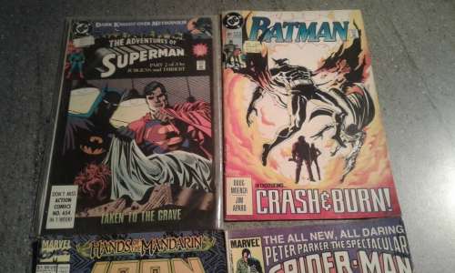 SUPERMAN ,BATMAN,SPIDERMAN, AND IRON MAN COMIC BOOKS.