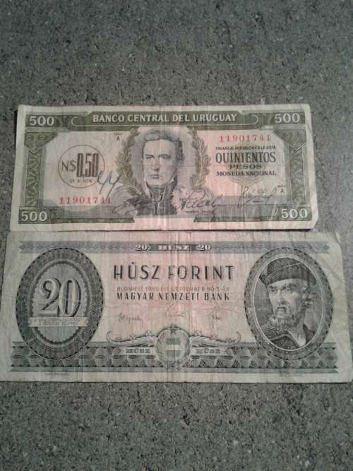 Rarities.1967 Uruguayan 500 Pesos -- and a 1975 Hungarian 20 Husc Forint Banknotes.