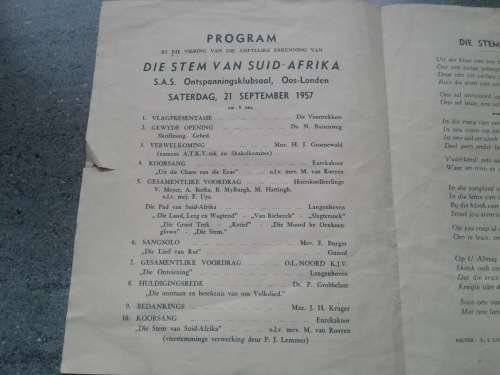 OFFICIAL INAUGURATION FESTIVAL programme of `DIE STEM VAN SUID-AFRIKA. 21 SEPTEMBER 1957 VOLKSLIED.