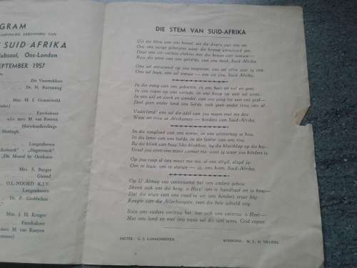 OFFICIAL INAUGURATION FESTIVAL programme of `DIE STEM VAN SUID-AFRIKA. 21 SEPTEMBER 1957 VOLKSLIED.