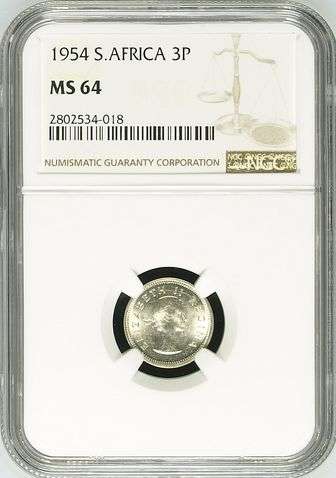 1954 Threepence (3d // Tickey) NGC graded MS64!!