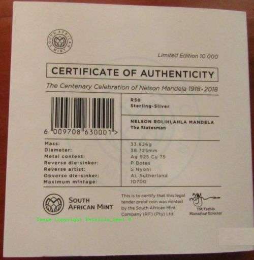 2018 Mandela Centenary R50 1 OZ STERLING-SILVER COIN