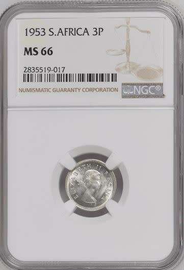 1953 THREEPENCE NGC GRADED MS66 !! SECOND FINEST KNOWN !!!