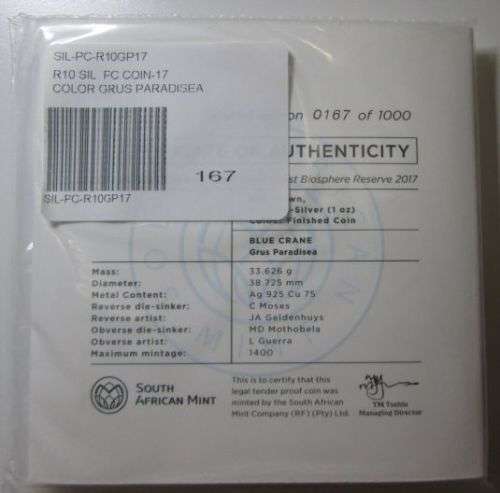 2017 R10 sterling-silver, Blue Crane colour coin