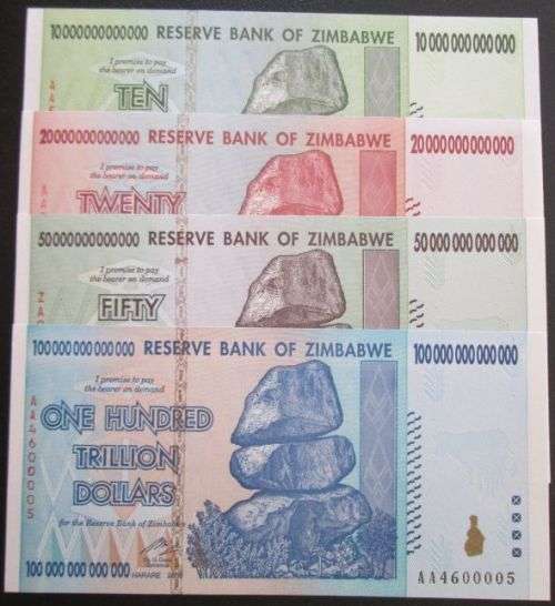 Reserve Bank of Zimbabwe set of 10 20 50 100 Trillion Dollars notes, Uncirculated