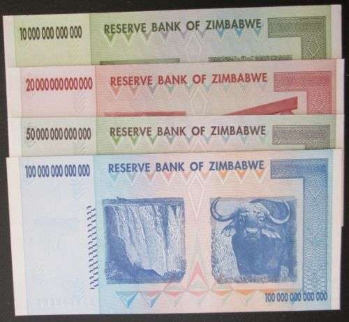 Reserve Bank of Zimbabwe set of 10 20 50 100 Trillion Dollars notes, Uncirculated