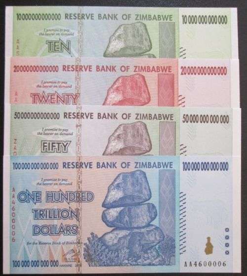 Reserve Bank of Zimbabwe set of 10 20 50 100 Trillion Dollars notes, Uncirculated