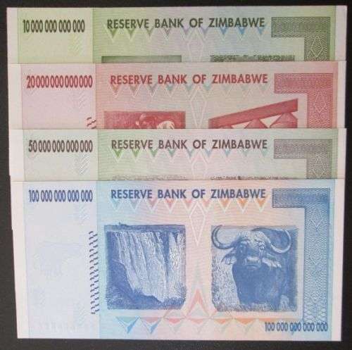 Reserve Bank of Zimbabwe set of 10 20 50 100 Trillion Dollars notes, Uncirculated