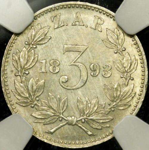 1893 ZAR Threepence (Tickey // 3d) NGC graded MS62
