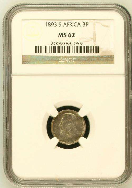 1893 ZAR Threepence (Tickey // 3d) NGC graded MS62