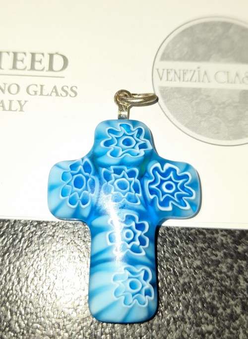 Murano Glass Blue Millefiori Cross Pendant, Local Stock, Unique