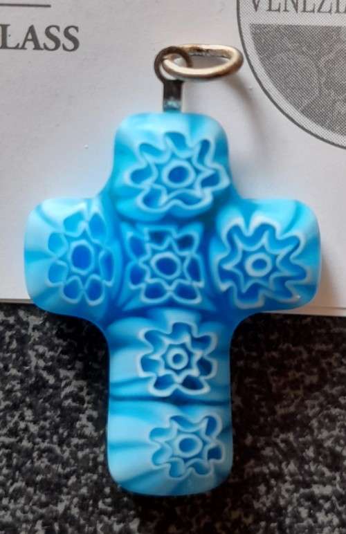 Murano Glass Blue Millefiori Cross Pendant, Local Stock, Unique