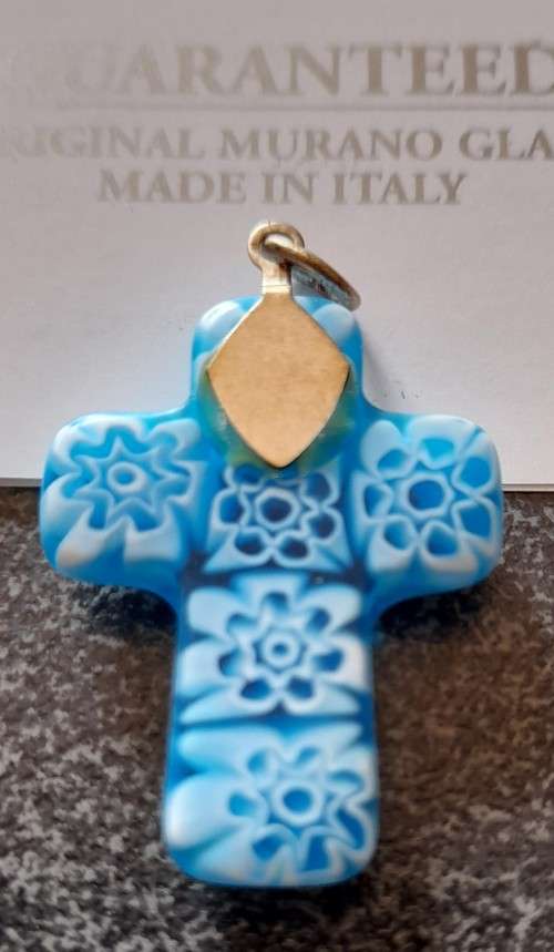 Murano Glass Blue Millefiori Cross Pendant, Local Stock, Unique