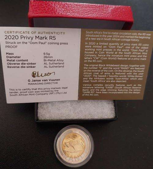 2020 `oom Paul` R5 with Coin World mintmark! Very Low Mintage