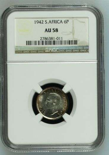 1942 Union of SA Sixpence NGC graded AU58
