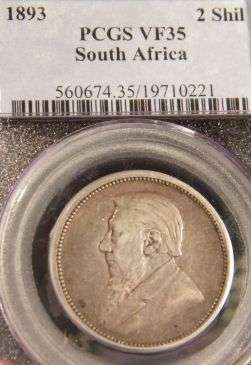 Scarce 1893 ZAR Two Shillings PCGS graded VF35!