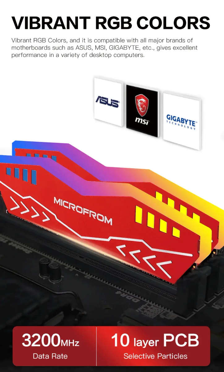 Microform 16GB DDR4 3200Mhz Desktop Gaming RAM Memory (2 x 8GB RGB)