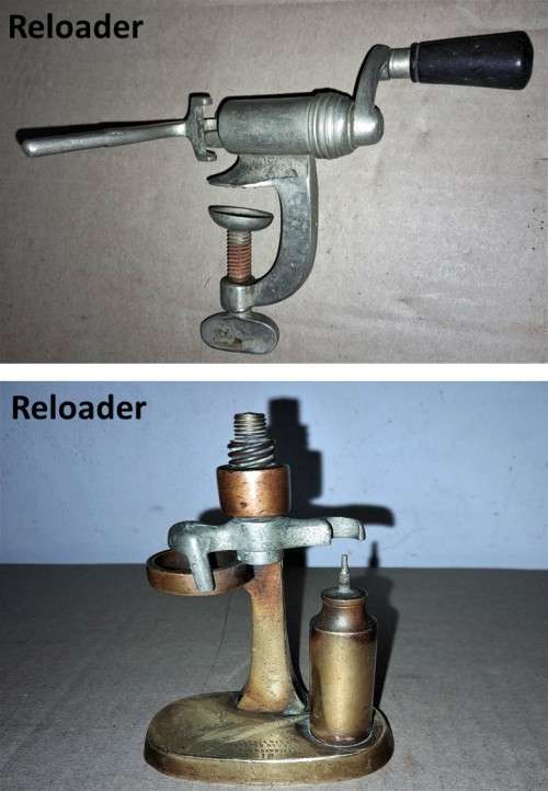 VINTAGE C & JW HAWKSLEY SHOTGUN SHELL RELOADER & A BRASS RECAPPER (missing top handle)