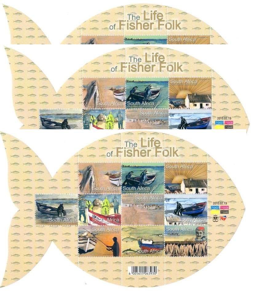 South Africa 2010 Fisher Folk sheets x 3. Face R321. MNH