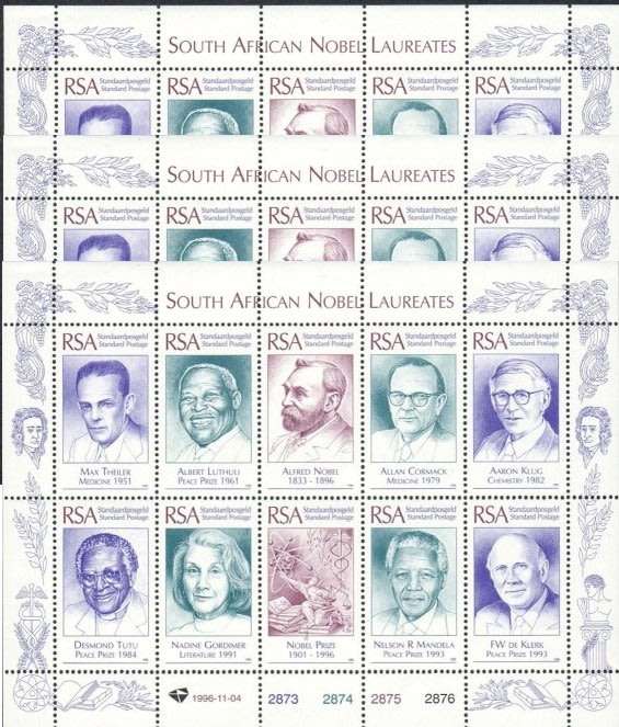South Africa 1996 South African Nobel Laureates x 3 Sheets. Face Value R133 MNH