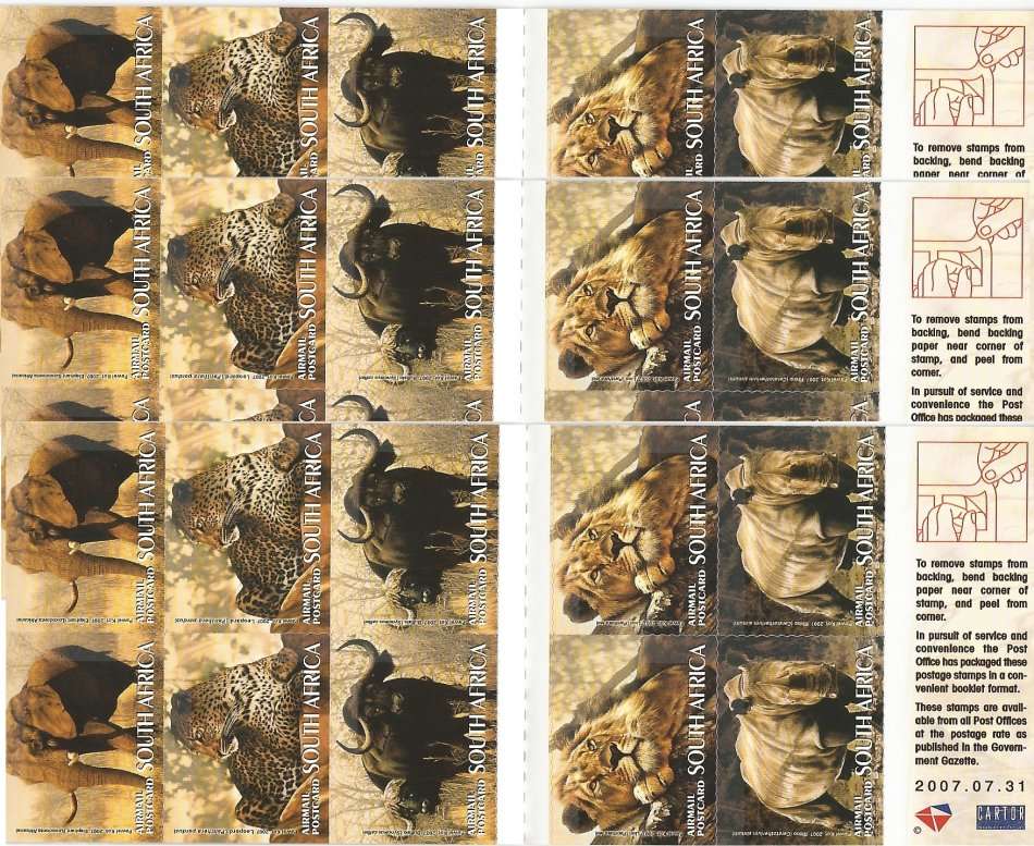 South Africa 2007 Big 5 Booklets x 3. Date 2007.01.31 Face R276. MNH