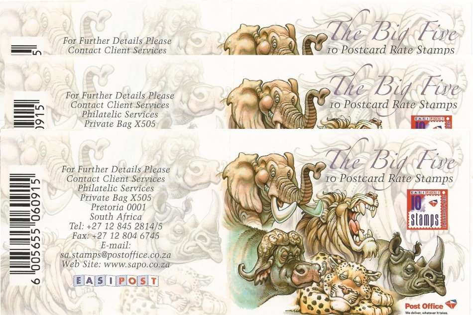 South Africa 2008 Big 5 Cartoon Booklets x 3. Face R276. MNH