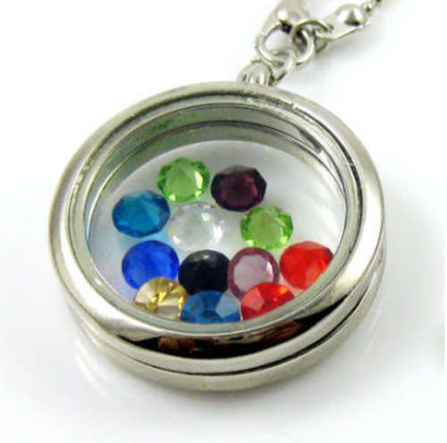 Silver Tone Floating Charm Memory Locket with Multicolour Crystals inside