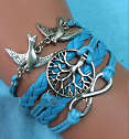 TURQUOISE BLUE INFINITY BRACELET DOVES AND TREE OF LIFE