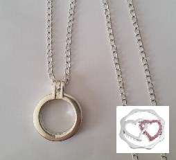 Sweater Necklace No Glass Floating Double Hearts Disc Locket on Chain