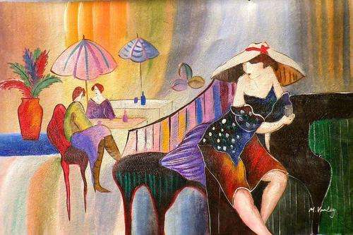 Lady in cafe 2 by M Varley. Oil on canvas.