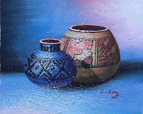 Ethnic pots byC Kay. Mixed technique on canvas.