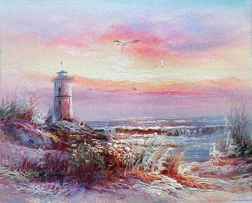 Sand dunes and lighthouse by M Farley . Oil on canvas.