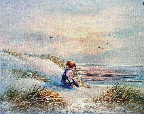 Girl at sea shore by L Marcus. Oil on canvas.