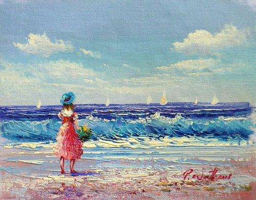 Girl on the beach by P Watkins. Oil on canvas.