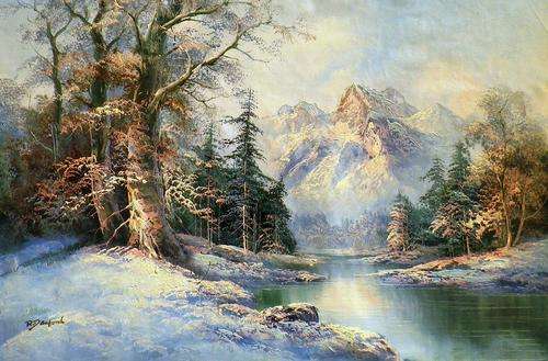 Winter scenery by R Dunford . Oil on canvas.