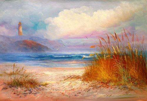 Sea shore and lighthouse by Karl Neumann. Oil on canvas.