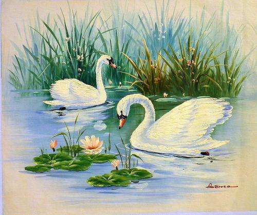 Pair of swans by Ambrose. Oil on canvas.
