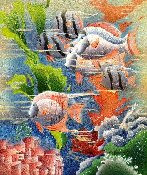 Coral fish by C Benolt . Mixed media