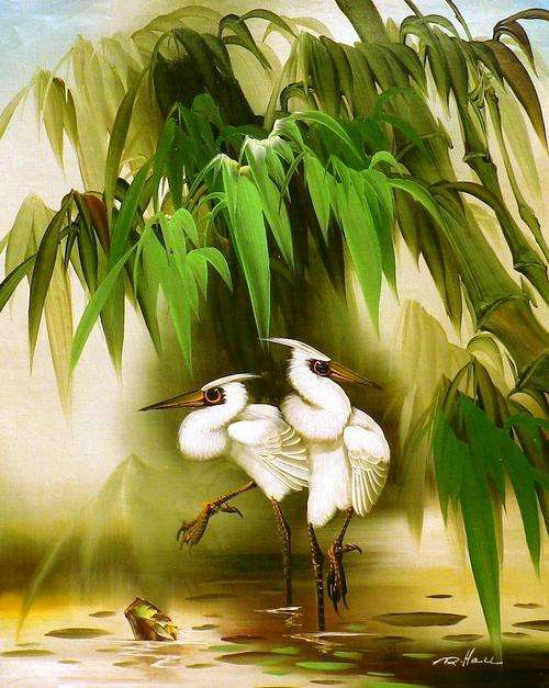 Egrets by R hall . Oil on canvas.