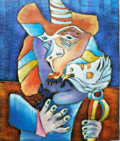 Man with Bird by M Santos. Oil on canvas.