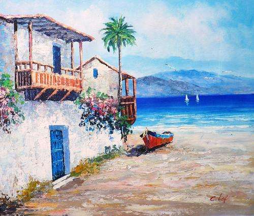 Sea cottage by C Loft. Oil on canvas.
