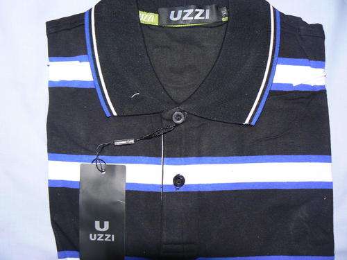 UZZI - Golf Shirt - X-LARGE - BLACK & BLUE STRIPES - BRAND NEW