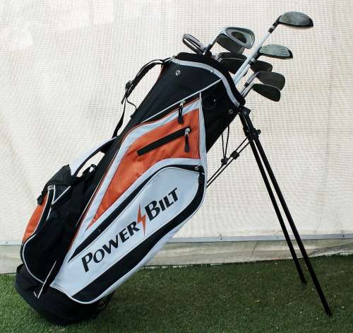 POWER BILT FZ3 golf bag with 8 Power Bilt FZ3 clubs, 2 Spaldings and one other (see pics)