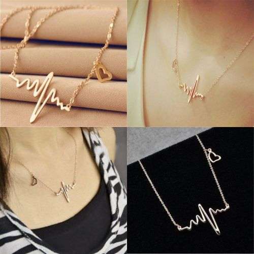 Fashion Women Heart Beat Pendant Necklace Stainless Steel with Chain Gold/Silver
