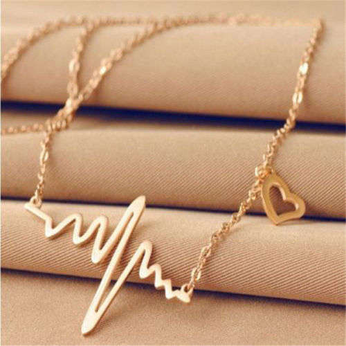 Fashion Women Heart Beat Pendant Necklace Stainless Steel with Chain Gold/Silver